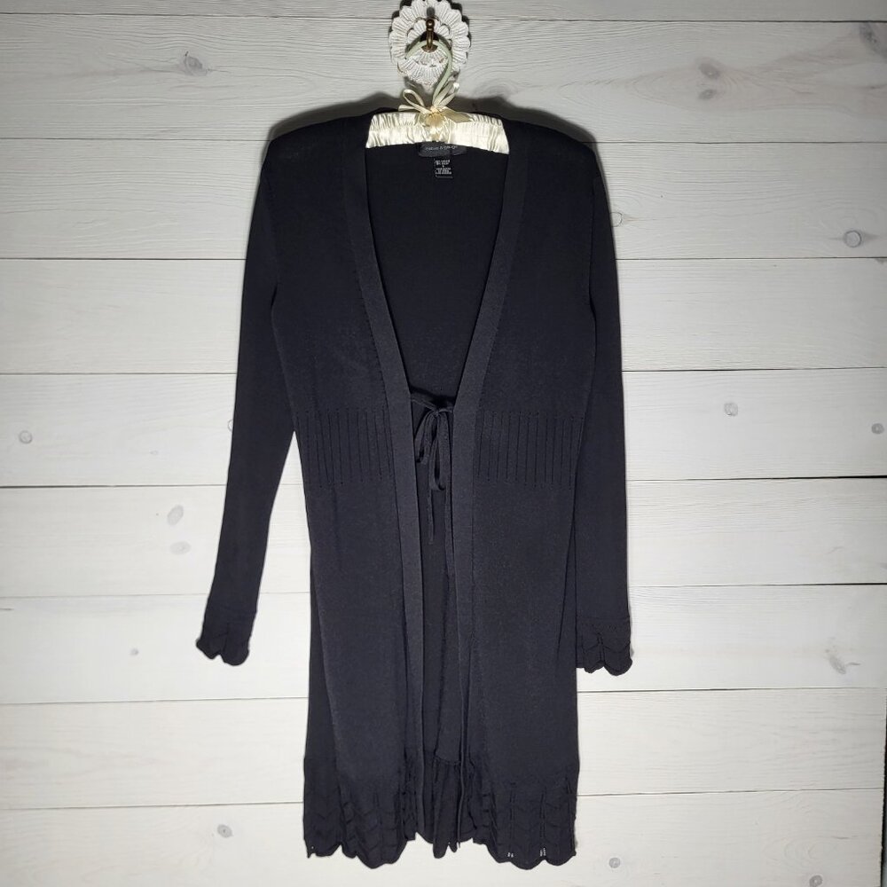 Cable & Gauge Long Cardigan Front Tie Scalloped Hem.